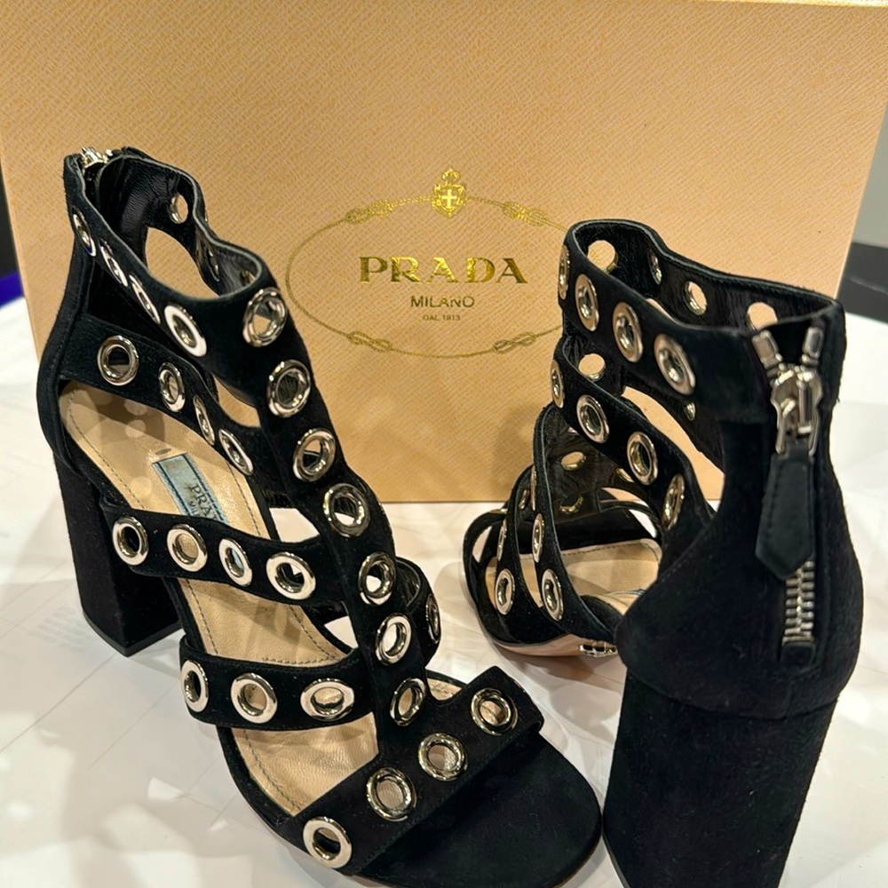 Prada Sz-36 Black suede gladiator sandals. Box included